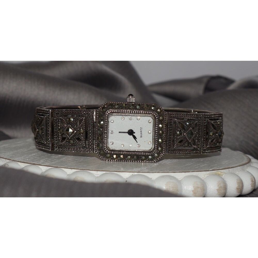 Vintage OBJ Quartz Sterling Silver Marcasite Ladies Watch 34.2G / 6.75in